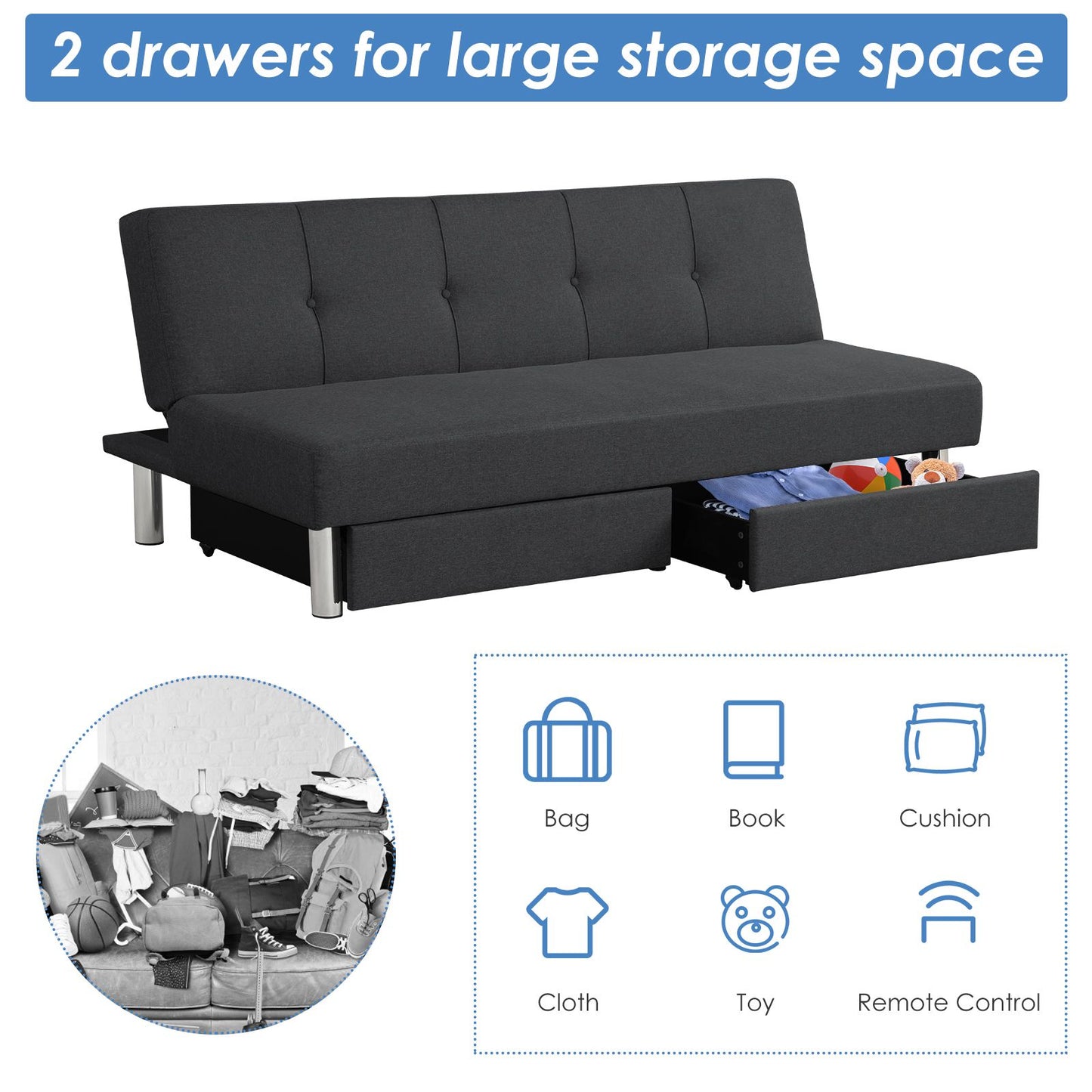 3 Seat Convertible Linen Fabric Tufted Sofa Bed with 2 Storage Drawers-Black