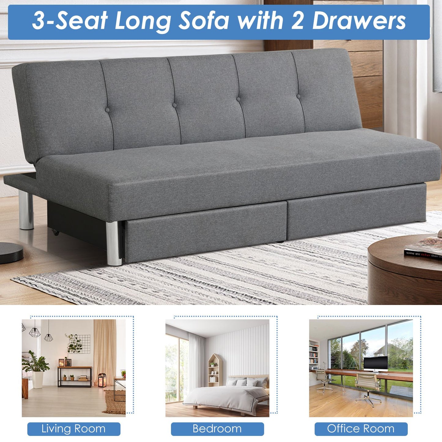 3 Seat Convertible Linen Fabric Tufted Sofa Bed with 2 Storage Drawers-Grey