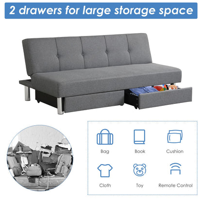 3 Seat Convertible Linen Fabric Tufted Sofa Bed with 2 Storage Drawers-Grey