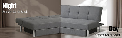 3 Seat Convertible Linen Fabric Tufted Sofa Bed with 2 Storage Drawers-Grey