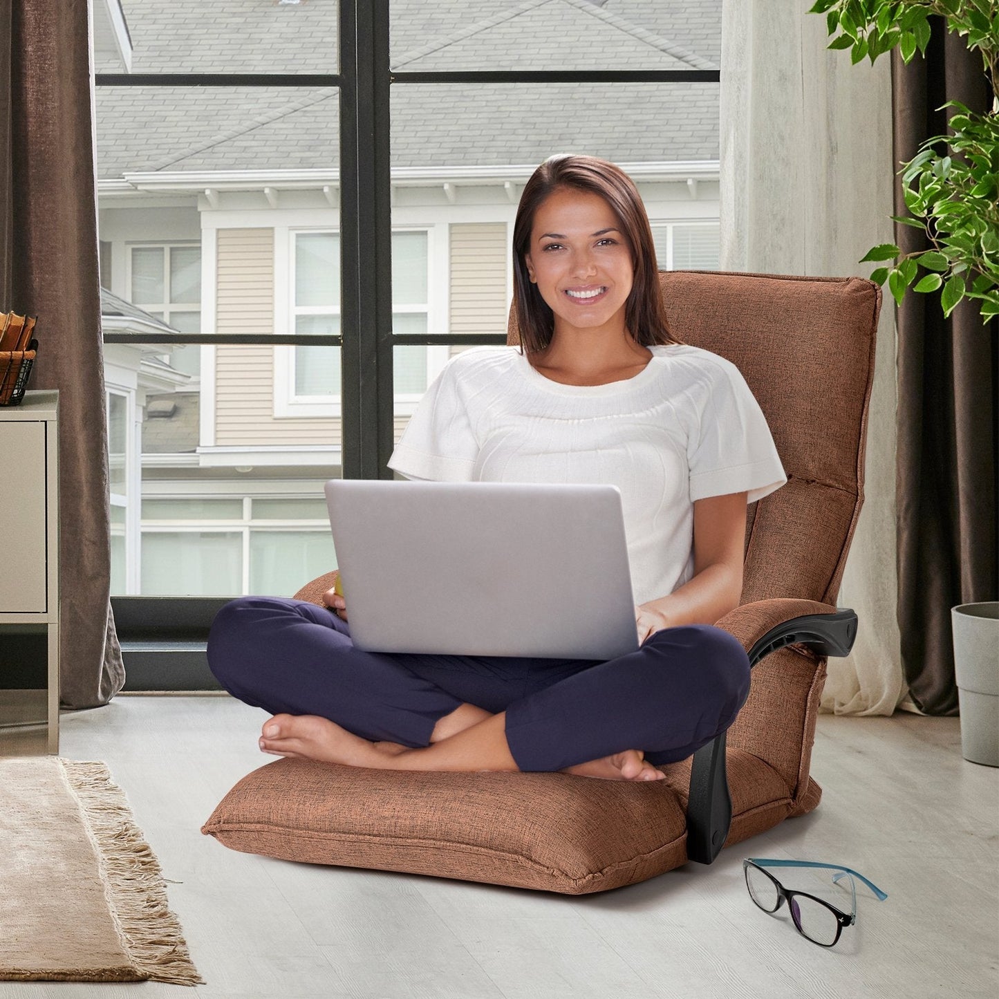 Floor Sofa Chair with 14-Position Adjustable Backrest-Brown