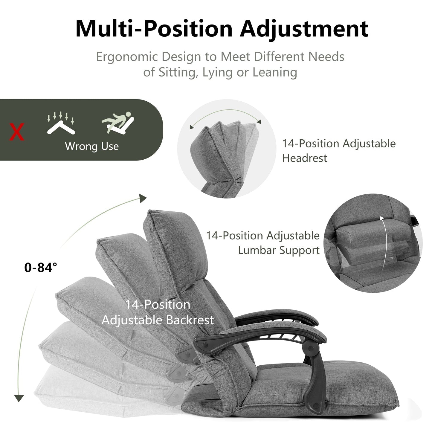 Floor Sofa Chair with 14-Position Adjustable Backrest-Grey