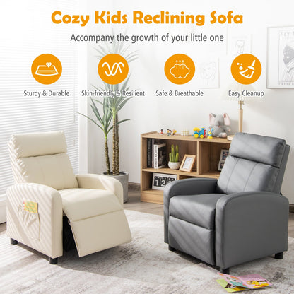 Kids Recliner Chair Adjustable Leather Sofa with Footrest Side Pocket-Beige