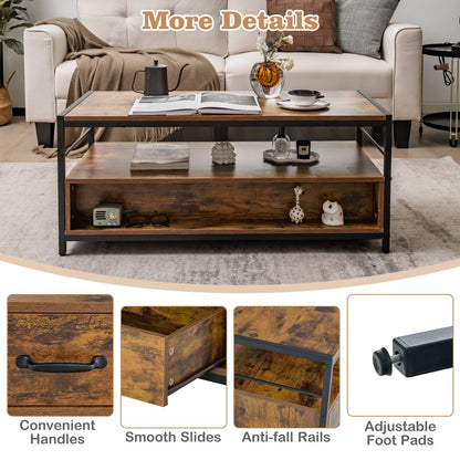 Coffee Table with Storage Drawers and Shelf-Rustic Brown