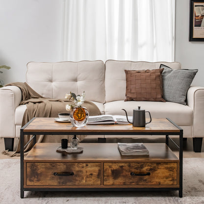 Coffee Table with Storage Drawers and Shelf-Rustic Brown