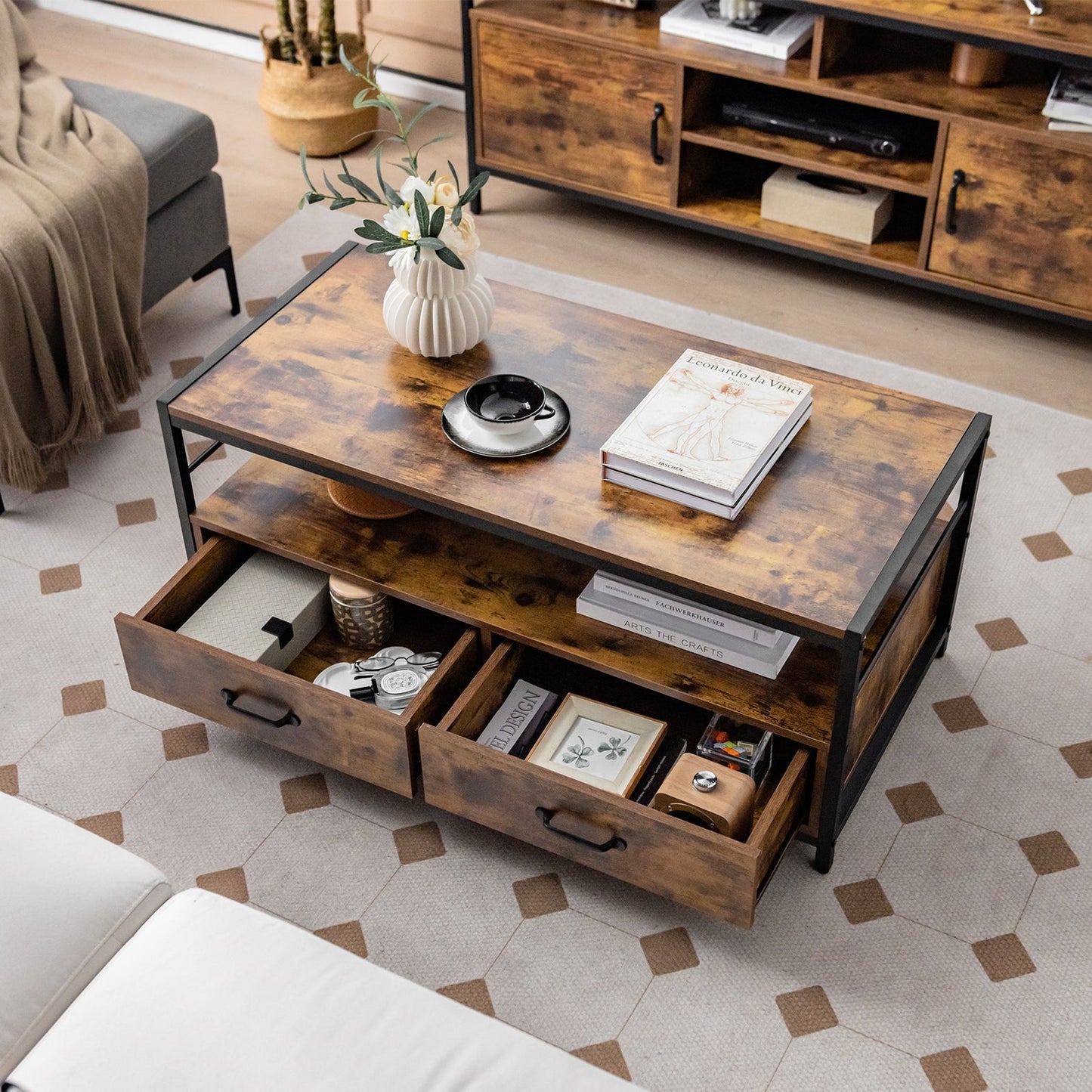 Coffee Table with Storage Drawers and Shelf-Rustic Brown