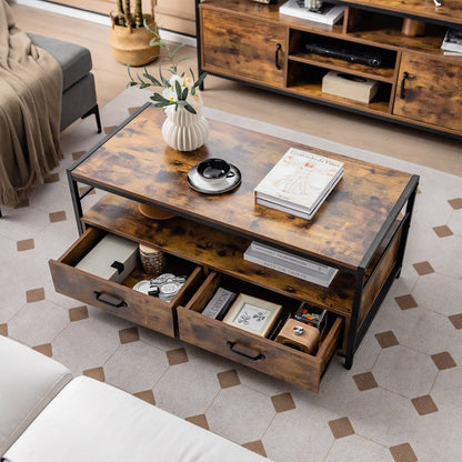 Coffee Table with Storage Drawers and Shelf-Rustic Brown