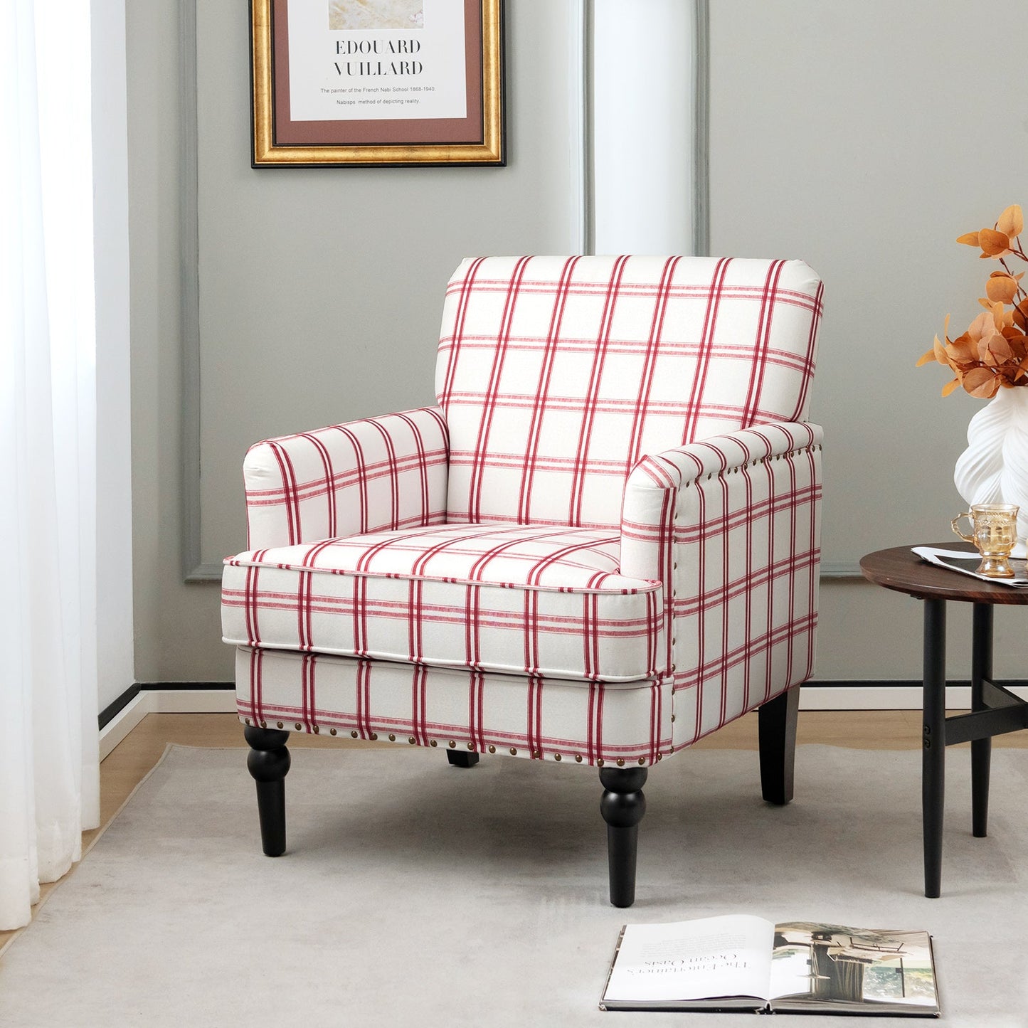 Upholstered Accent Chair with Nailhead Trim for Living Room Office-Red