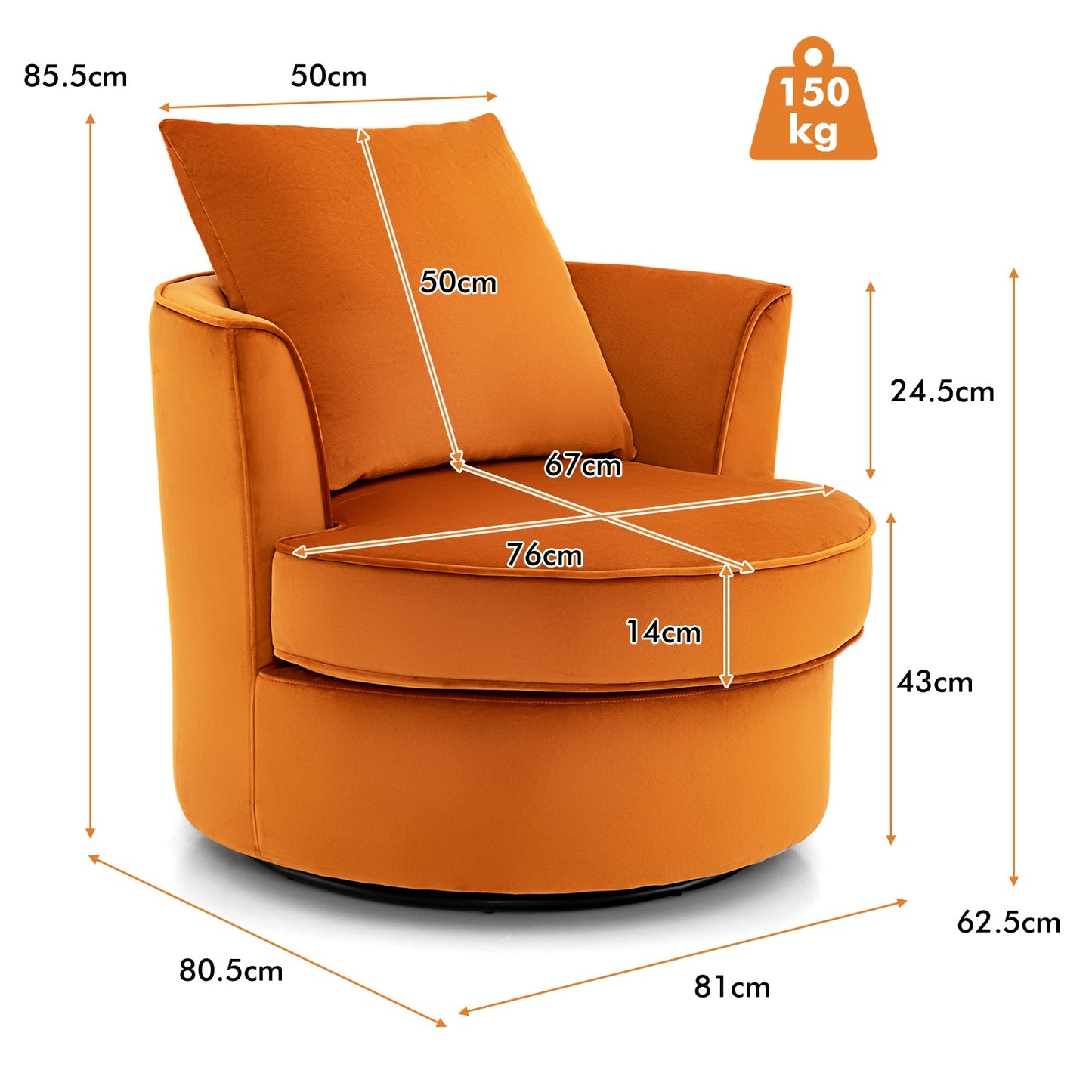 Upholstered Lounge Velvet Accent Chair with Backrest Cushion -Orange