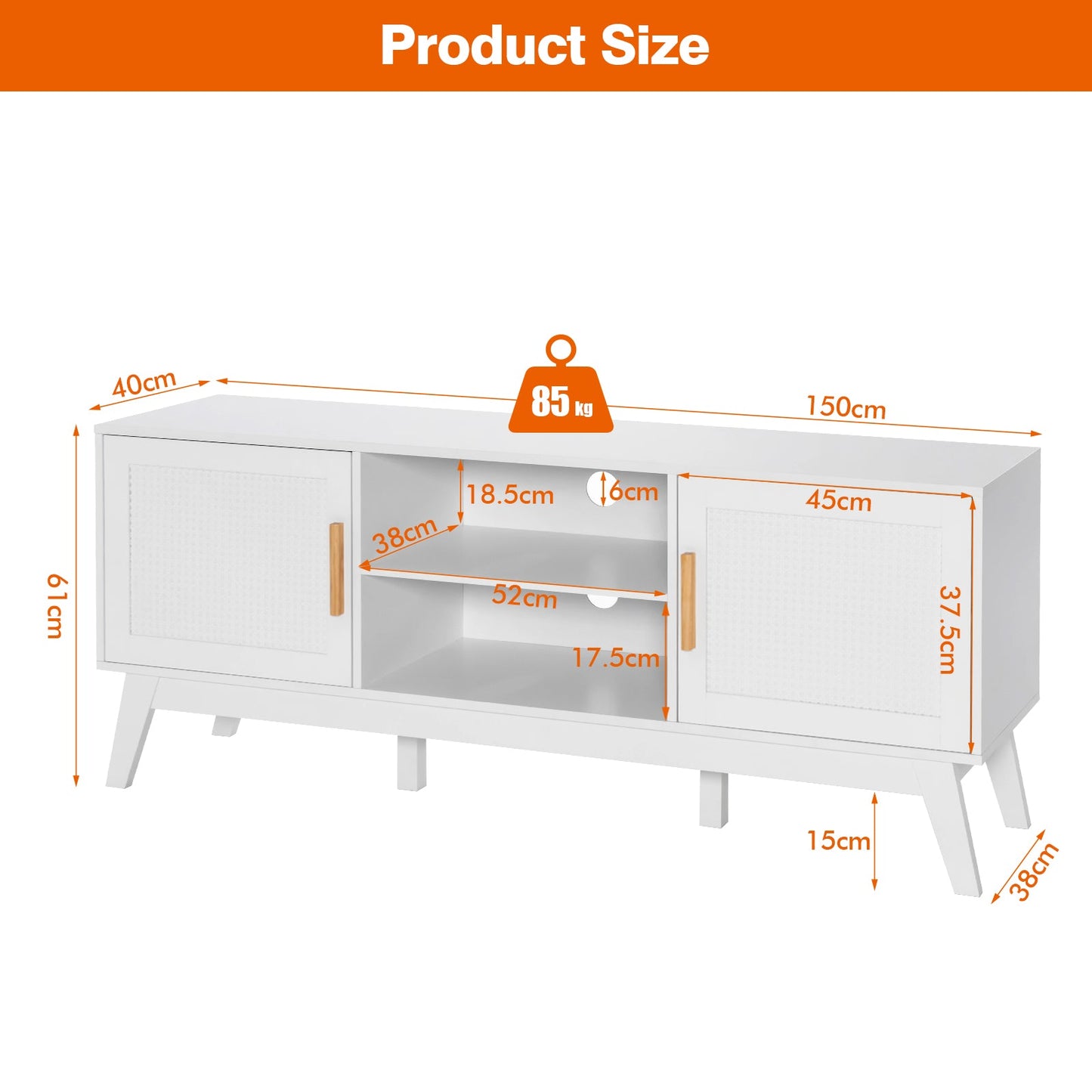 Rattan TV Stand for TVs up to 65 Inch with Adjustable Shelf-White