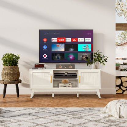 Rattan TV Stand for TVs up to 65 Inch with Adjustable Shelf-White