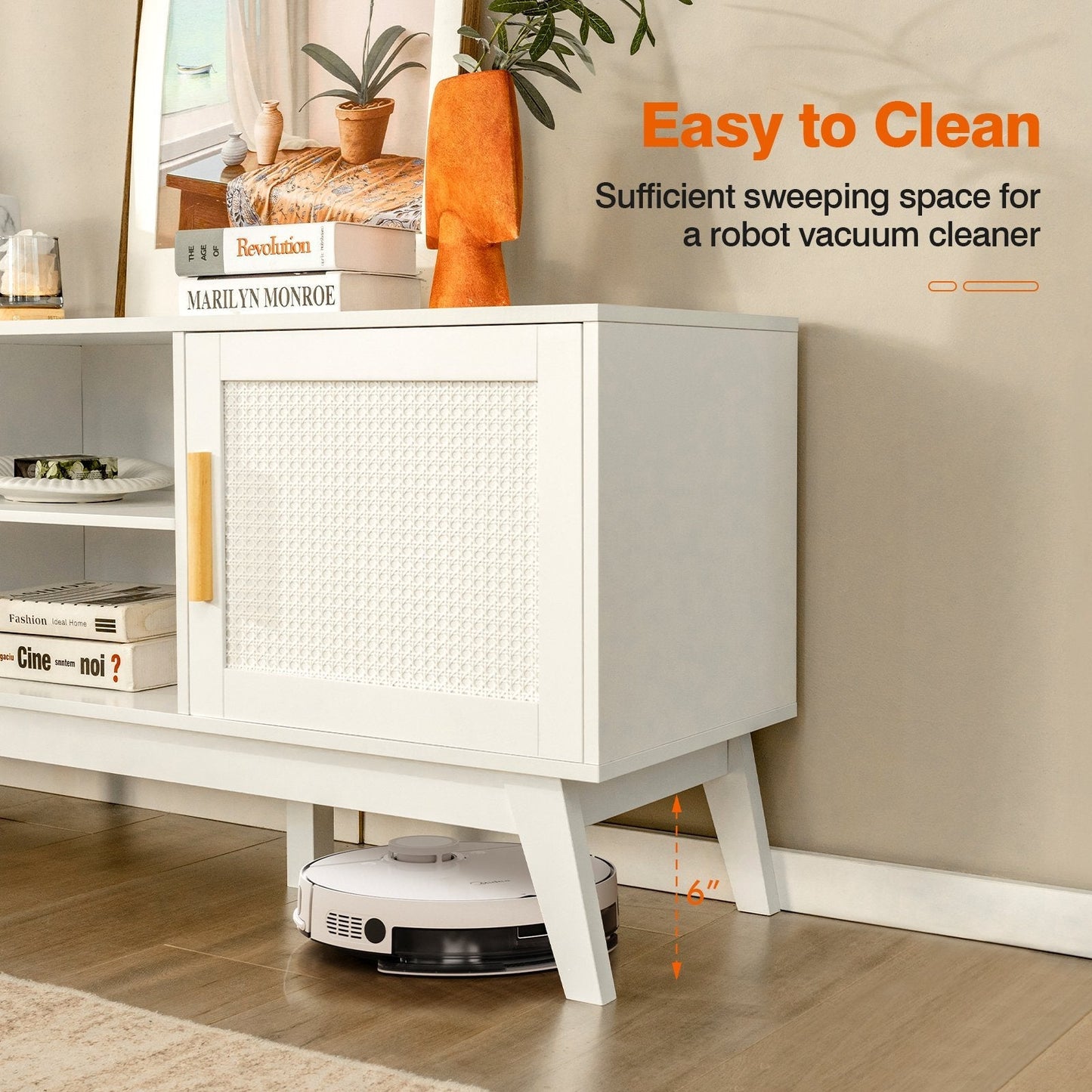 Rattan TV Stand for TVs up to 65 Inch with Adjustable Shelf-White