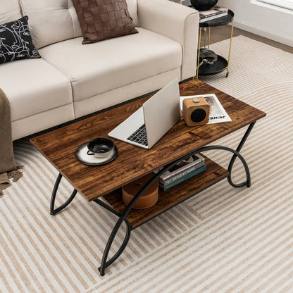 2-Tier Faux Marble Coffee Table with Golden Metal Frame-Rustic Brown