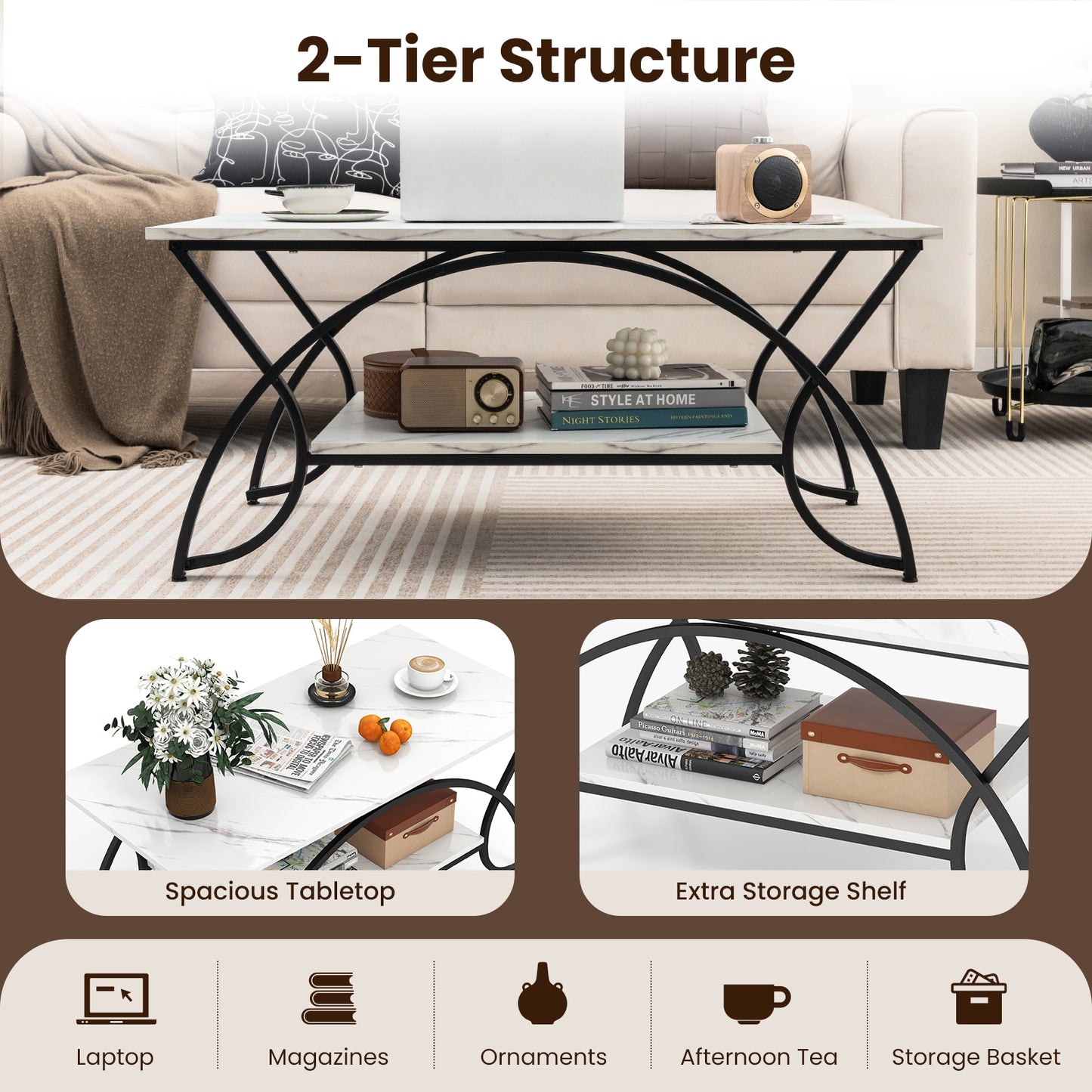 2-Tier Faux Marble Coffee Table with Golden Metal Frame-Marble White