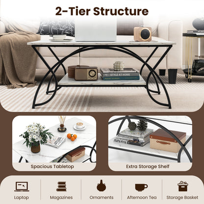 2-Tier Faux Marble Coffee Table with Golden Metal Frame-Marble White
