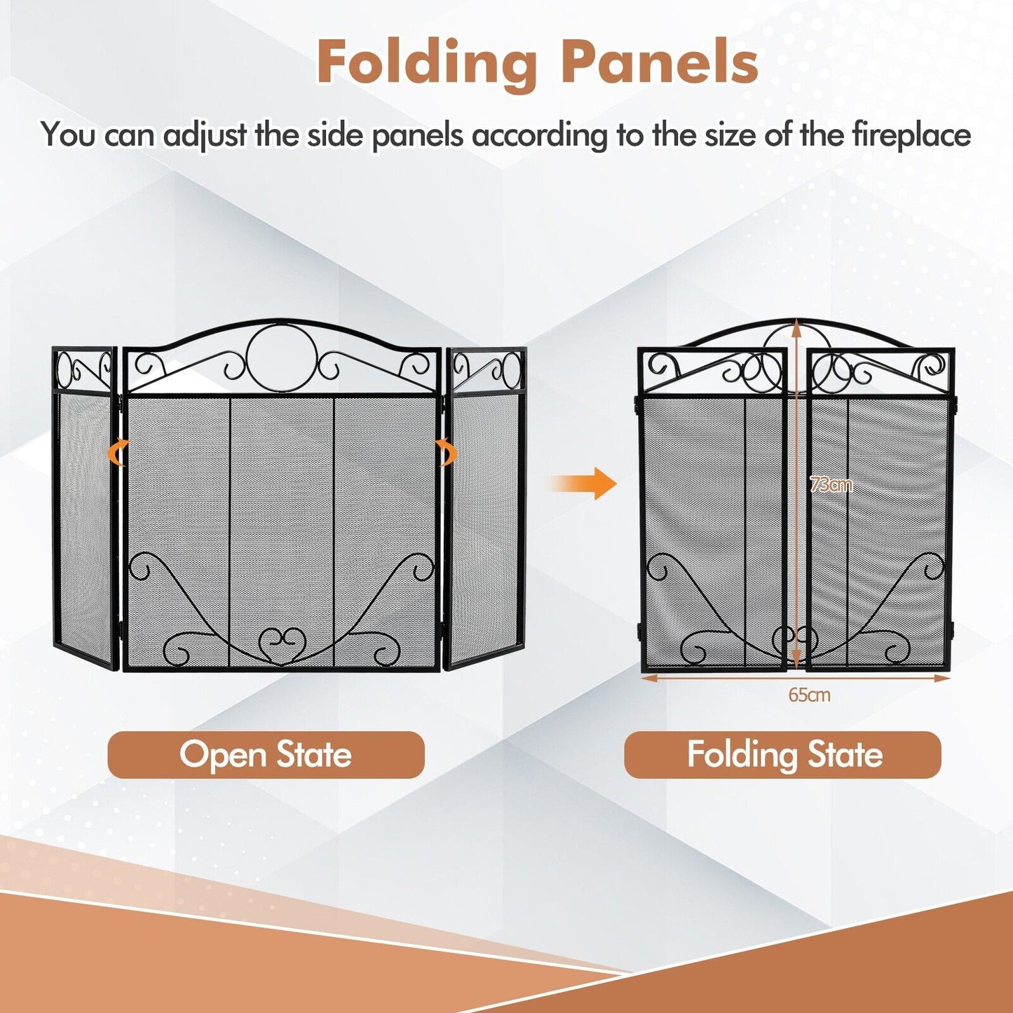 3-Panel Folding Metal Fireplace Screen with Leaves Decoration
