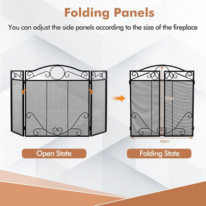 3-Panel Folding Metal Fireplace Screen with Leaves Decoration