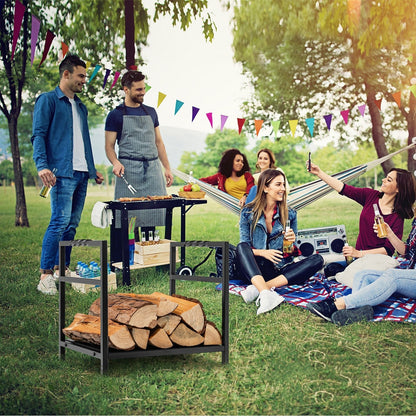 Firewood Log Rack with Solid Bottom Panel and Screw Thread Handle-Black