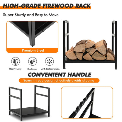 Firewood Log Rack with Solid Bottom Panel and Screw Thread Handle-Black