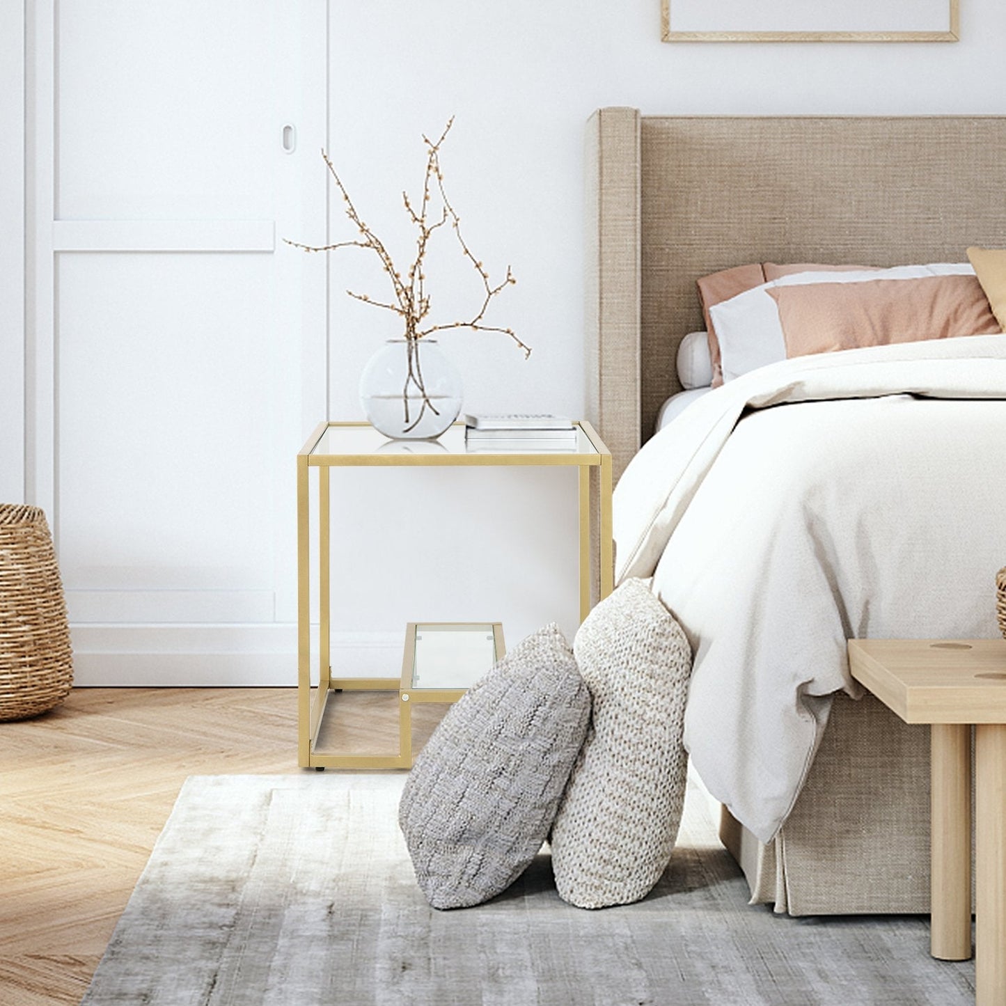 2-Tier Snack Table with Golden Metal Frame and Tempered Glass Tabletop