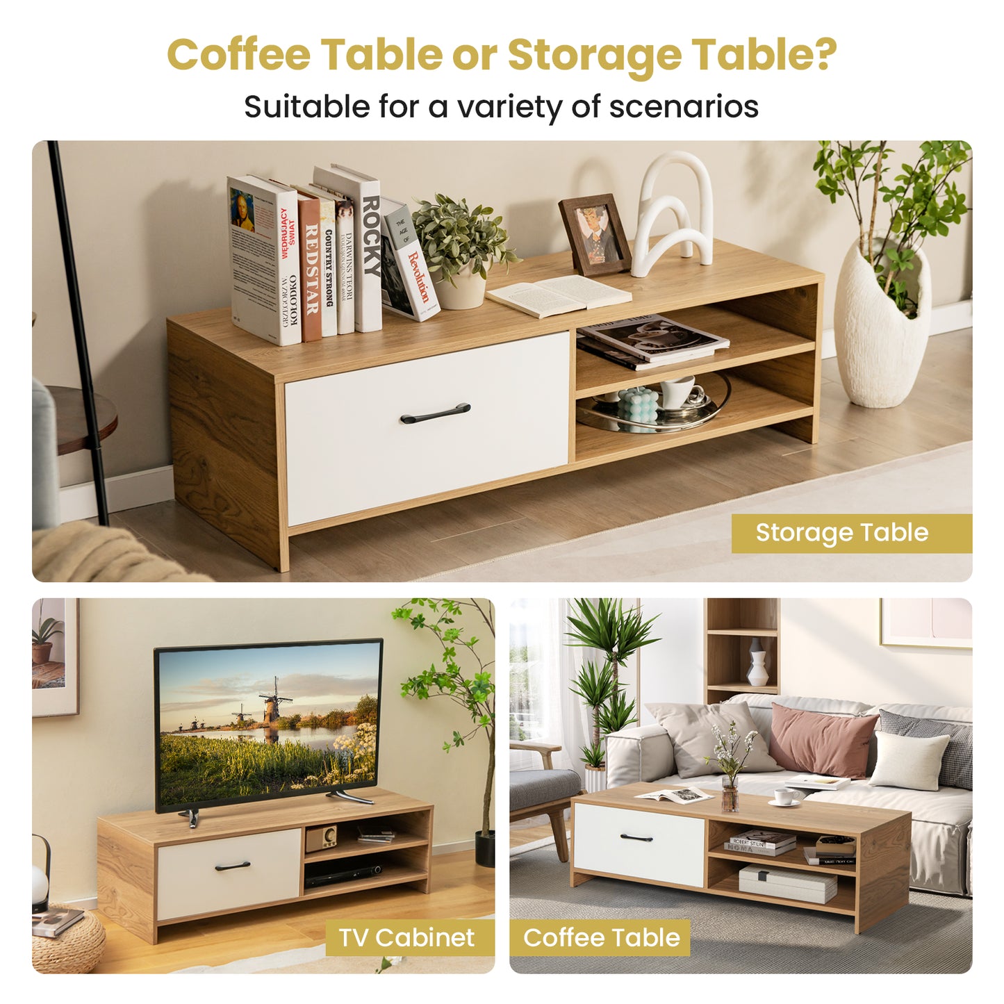 Wooden TV Stand with Drawer and 2 Shelves for TVs up to 55 Inches