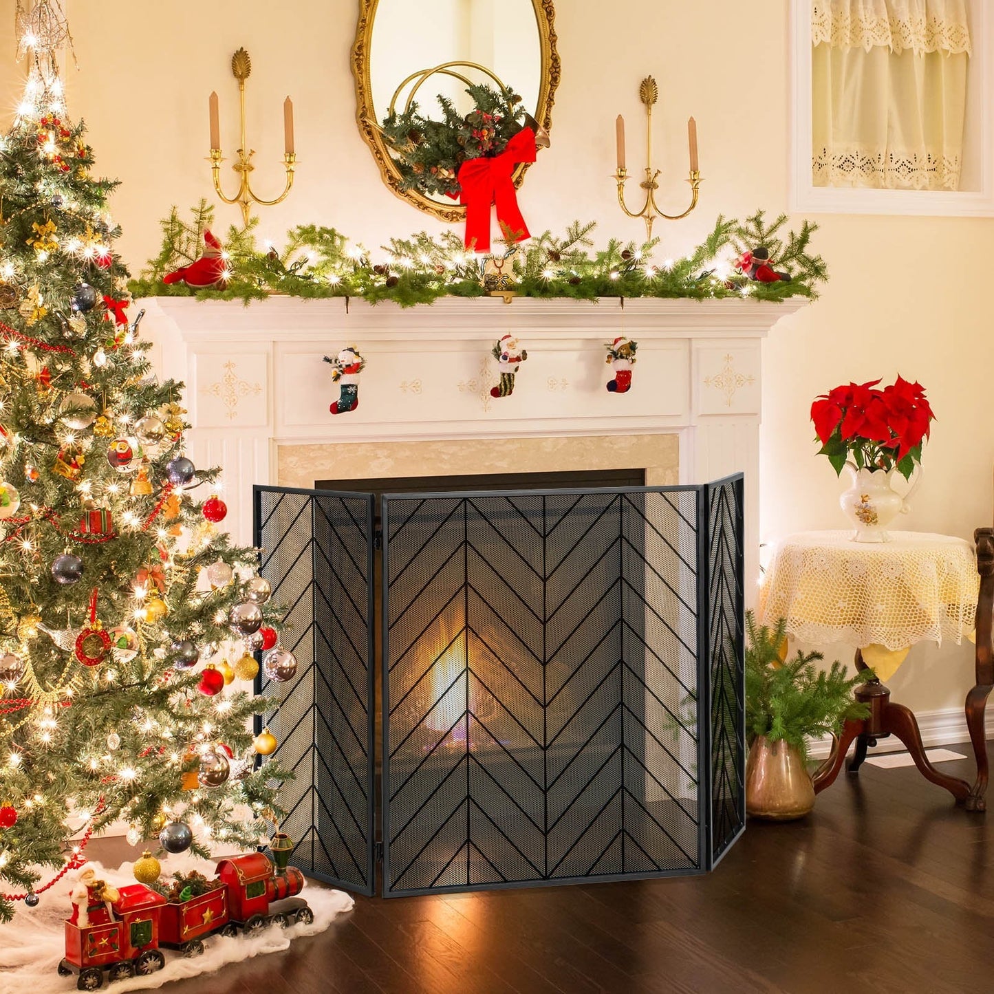 Foldable Wrought Metal Iron Mesh Fire Spark Guard with Flexible Hinges-Black