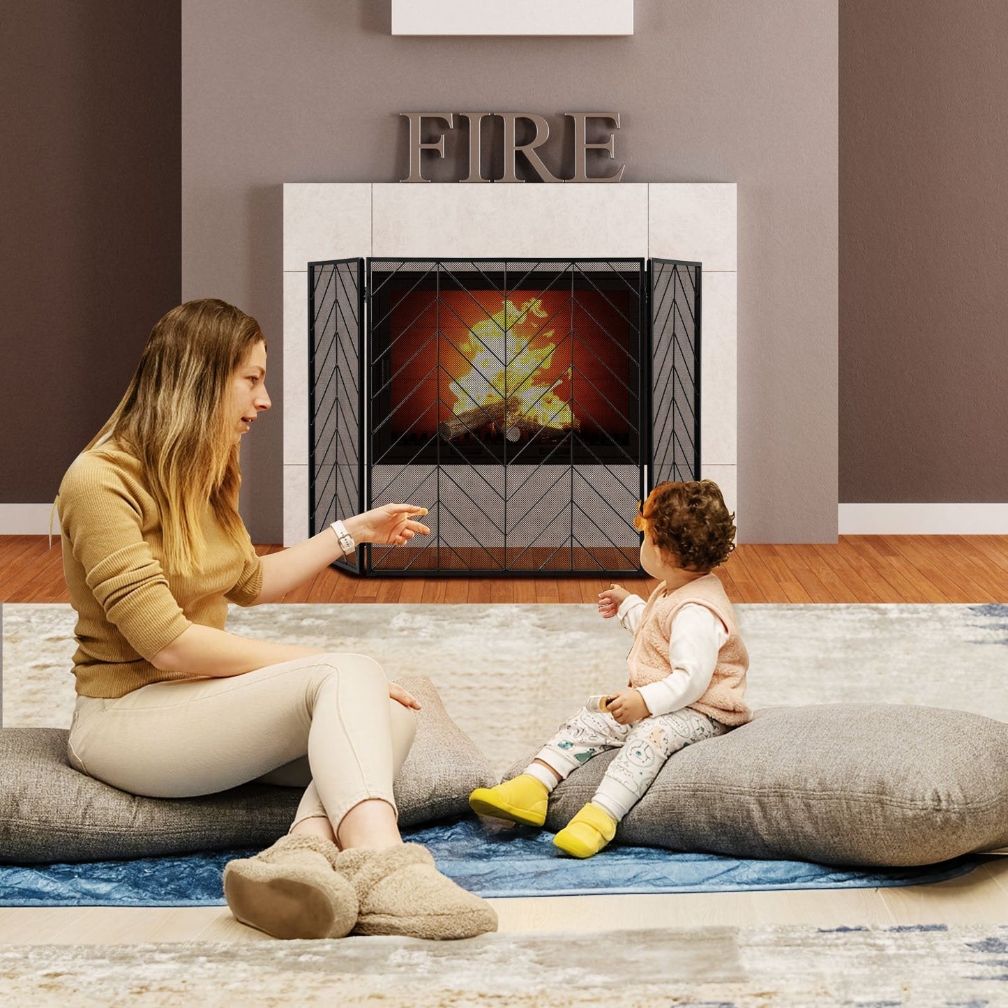 Foldable Wrought Metal Iron Mesh Fire Spark Guard with Flexible Hinges-Black