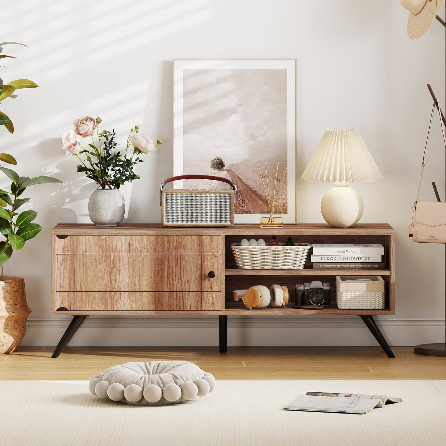 Mid Century Modern Entertainment Center with Cable Hole and Raised Legs-Oak