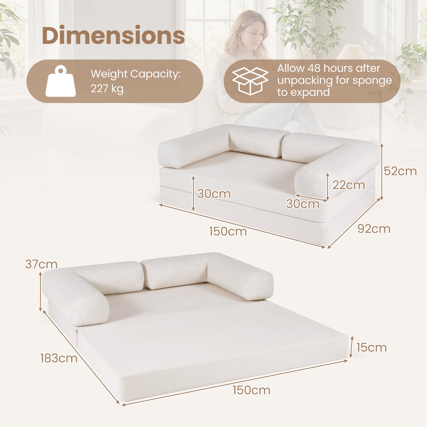 Folding Sofa Bed 4-in-1 Convertible Futon Couch with Comfy Corduroy Cover-Beige