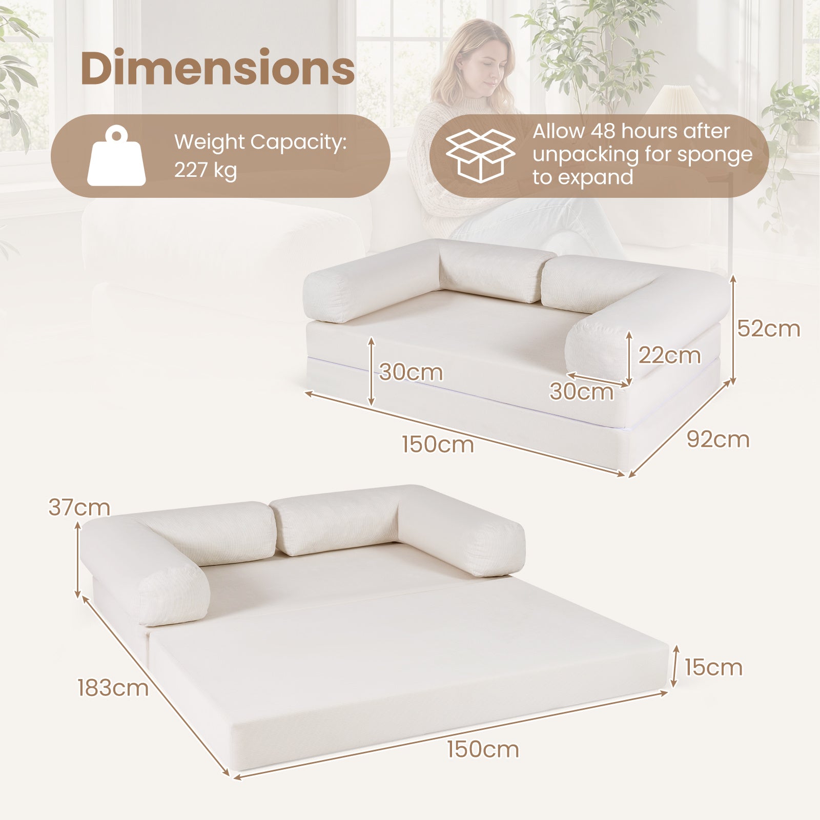 Folding Sofa Bed 4-in-1 Convertible Futon Couch with Comfy Corduroy Cover-Beige