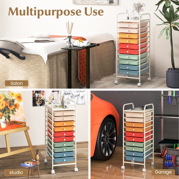 10 Drawers Mobile Storage Trolley with 4 Wheels for Beauty-Colourful