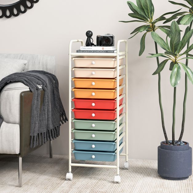 10 Drawers Mobile Storage Trolley with 4 Wheels for Beauty-Colourful