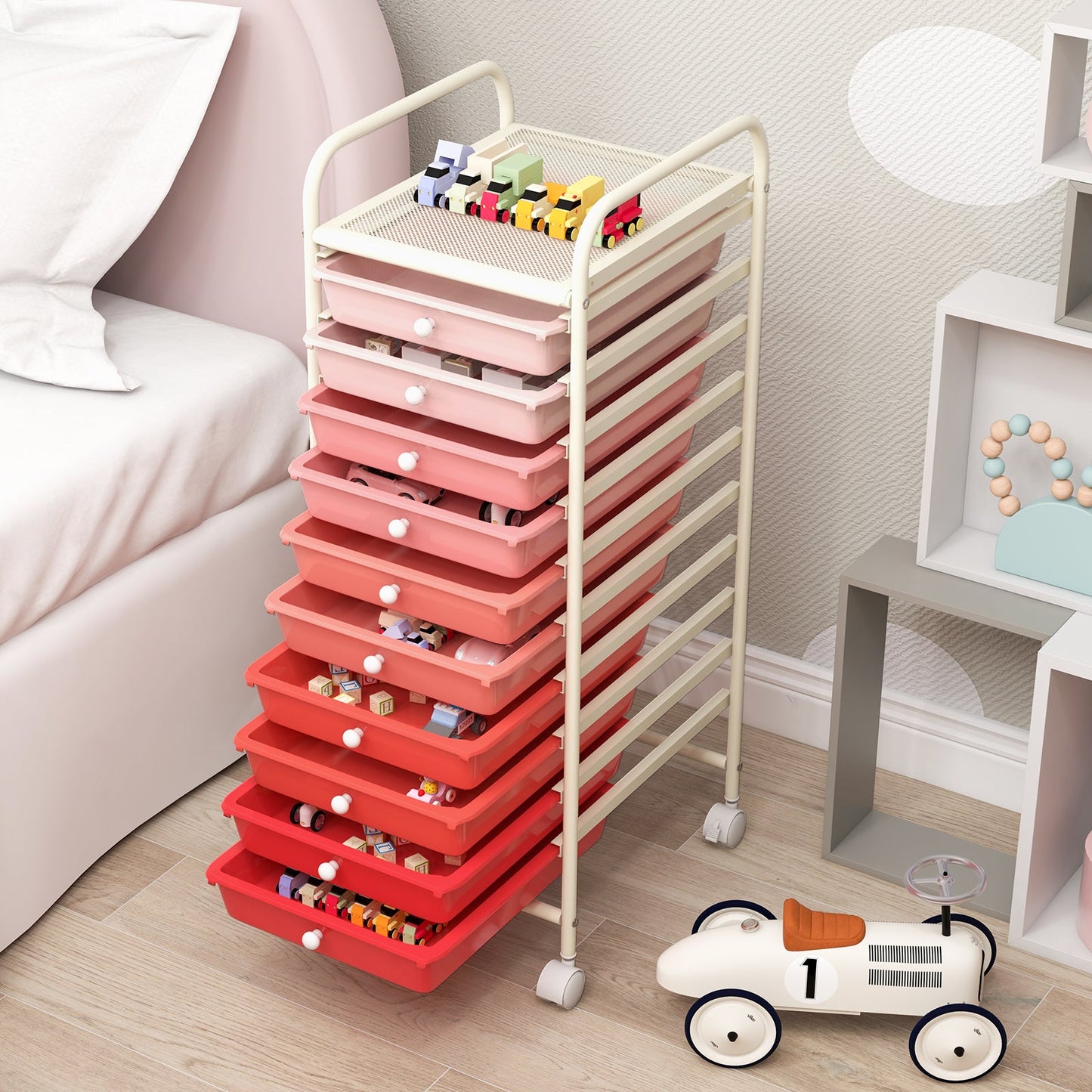 10 Drawers Mobile Storage Trolley with 4 Wheels for Beauty-Pink