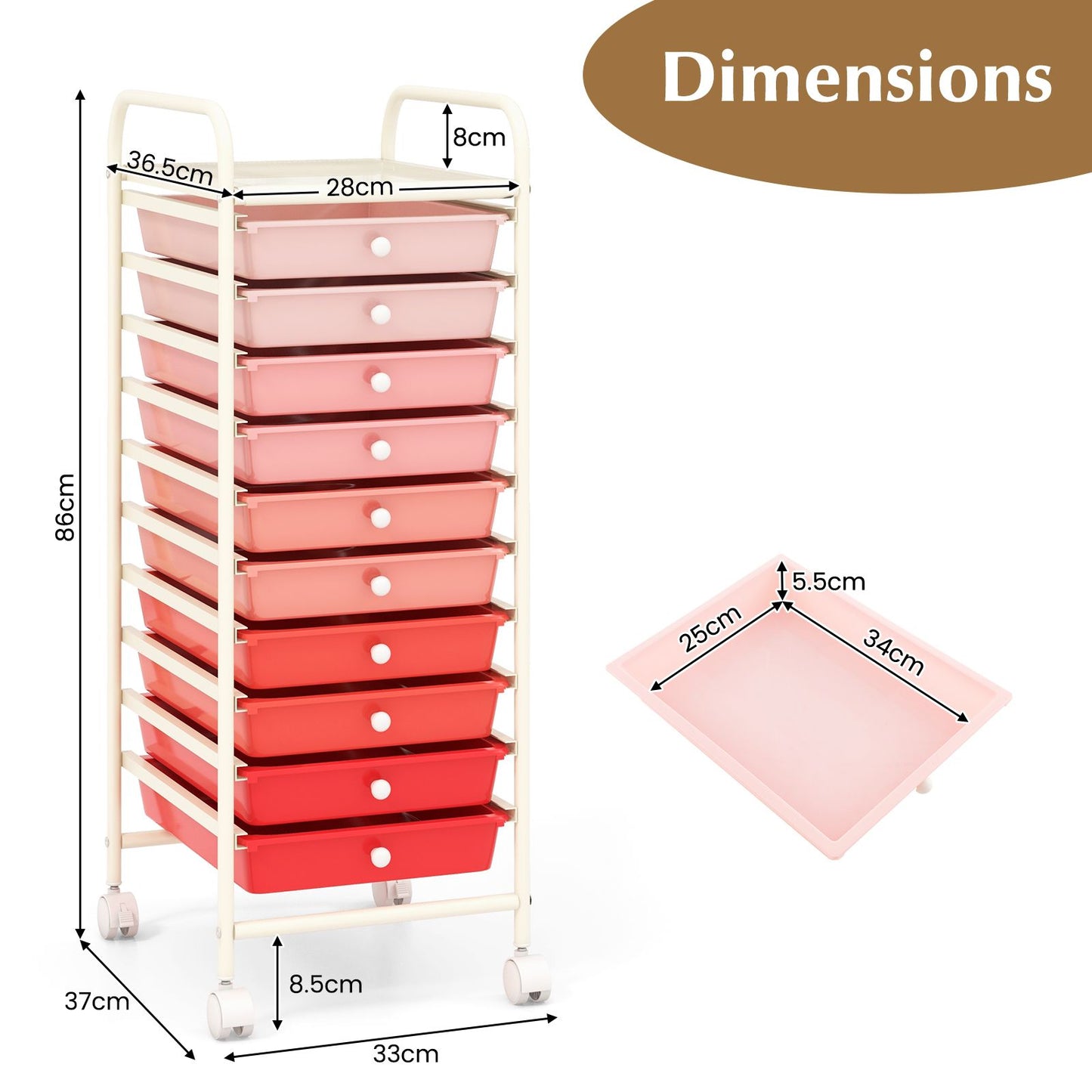 عربة تخزين متنقلة مكونة من 10 أدراج و4 عجلات للجمال - وردي