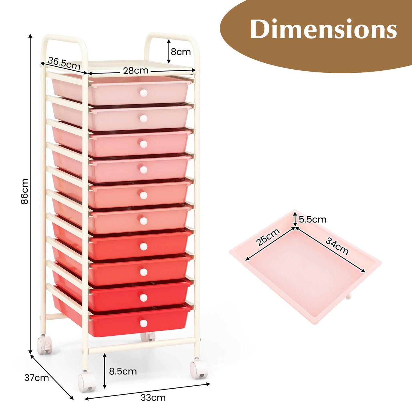 10 Drawers Mobile Storage Trolley with 4 Wheels for Beauty-Pink