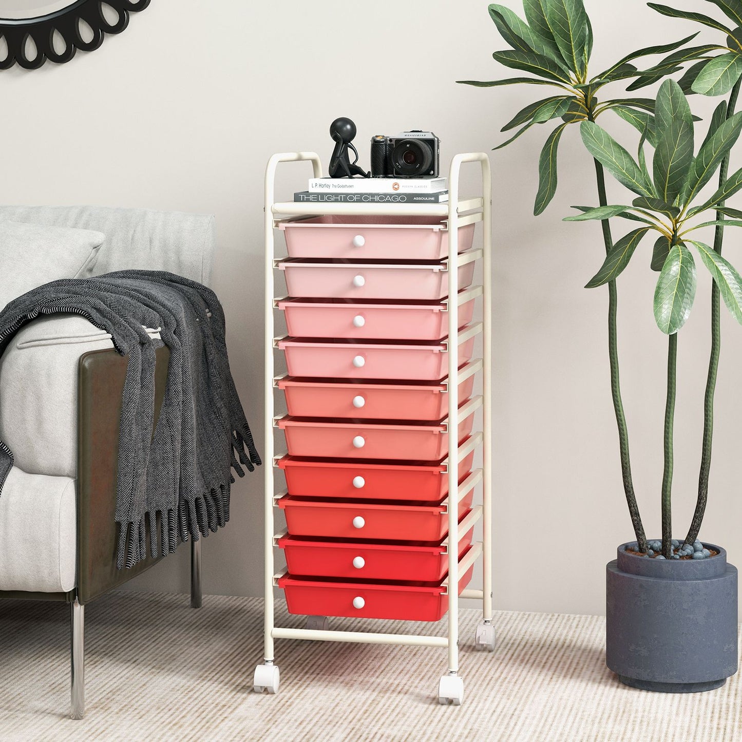 10 Drawers Mobile Storage Trolley with 4 Wheels for Beauty-Pink