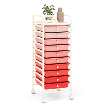 10 Drawers Mobile Storage Trolley with 4 Wheels for Beauty-Pink