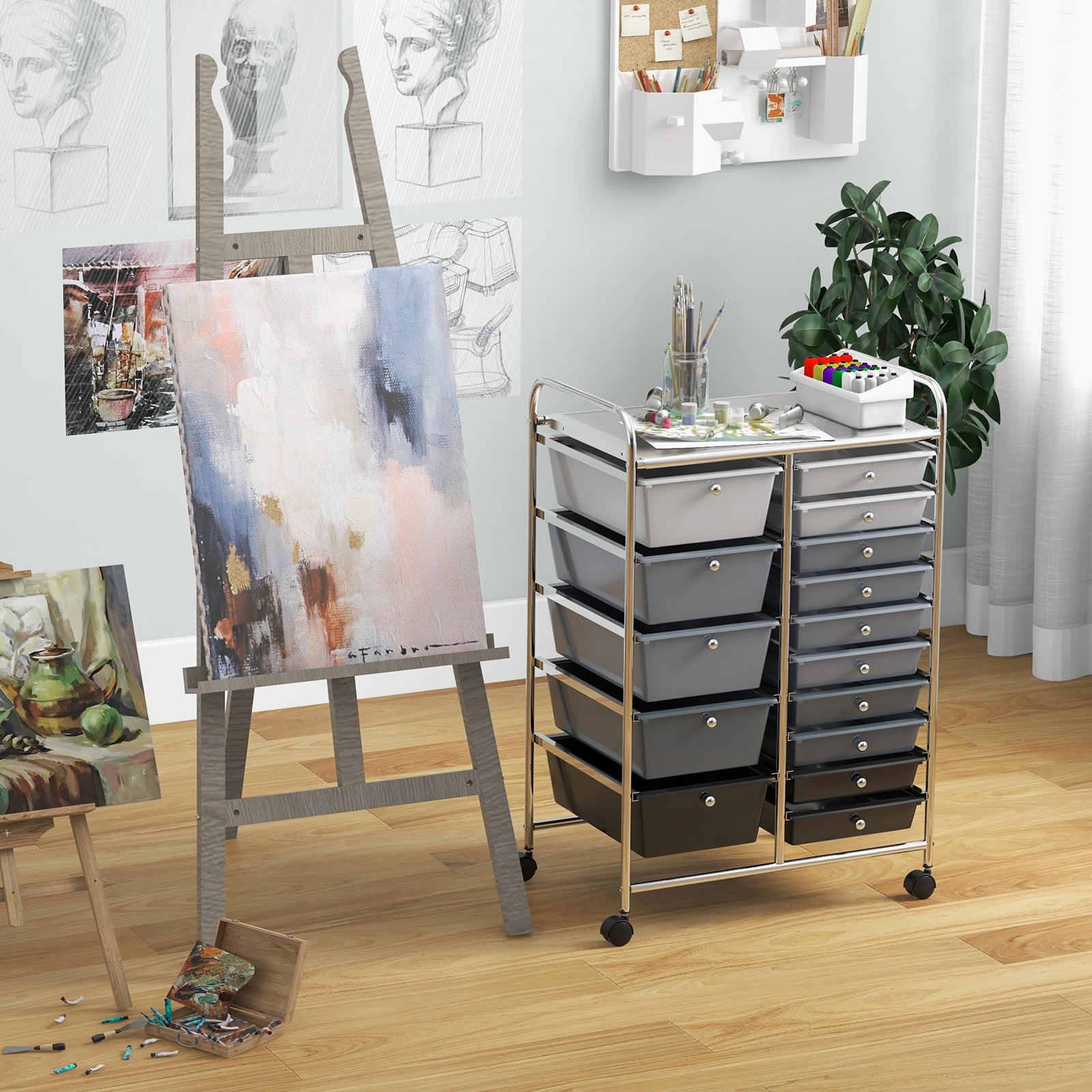 15 Drawer Rolling Storage Cart with 4 Wheels for Beauty Salon-Dark Grey