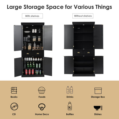 4-Door Tall Kitchen Cupboard Adjustable Shelves and Drawer-Black