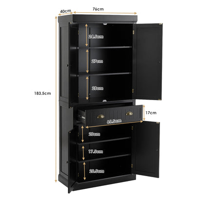 4-Door Tall Kitchen Cupboard Adjustable Shelves and Drawer-Black