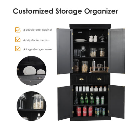 4-Door Tall Kitchen Cupboard Adjustable Shelves and Drawer-Black