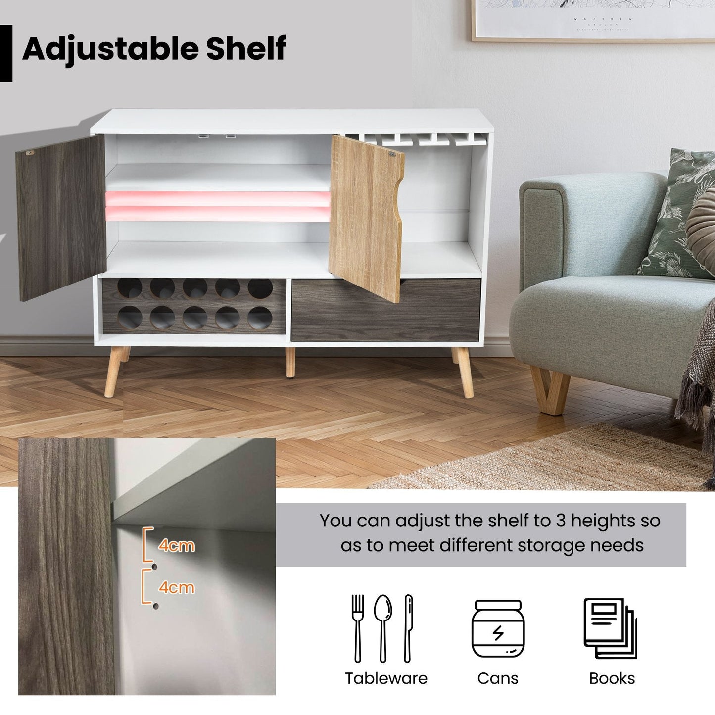 Modern Buffet Sideboard with Adjustable Shelf and 10 Wine Racks