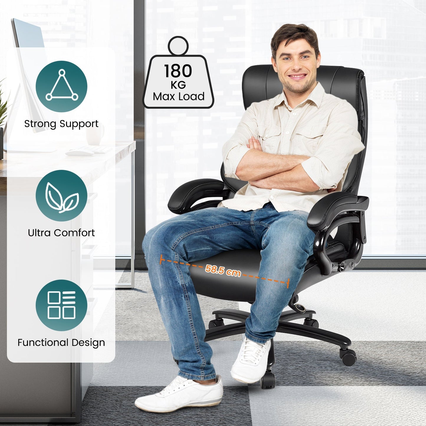 Ergonomic Office Chair with Padded Armrests and Adjustable Height-Black