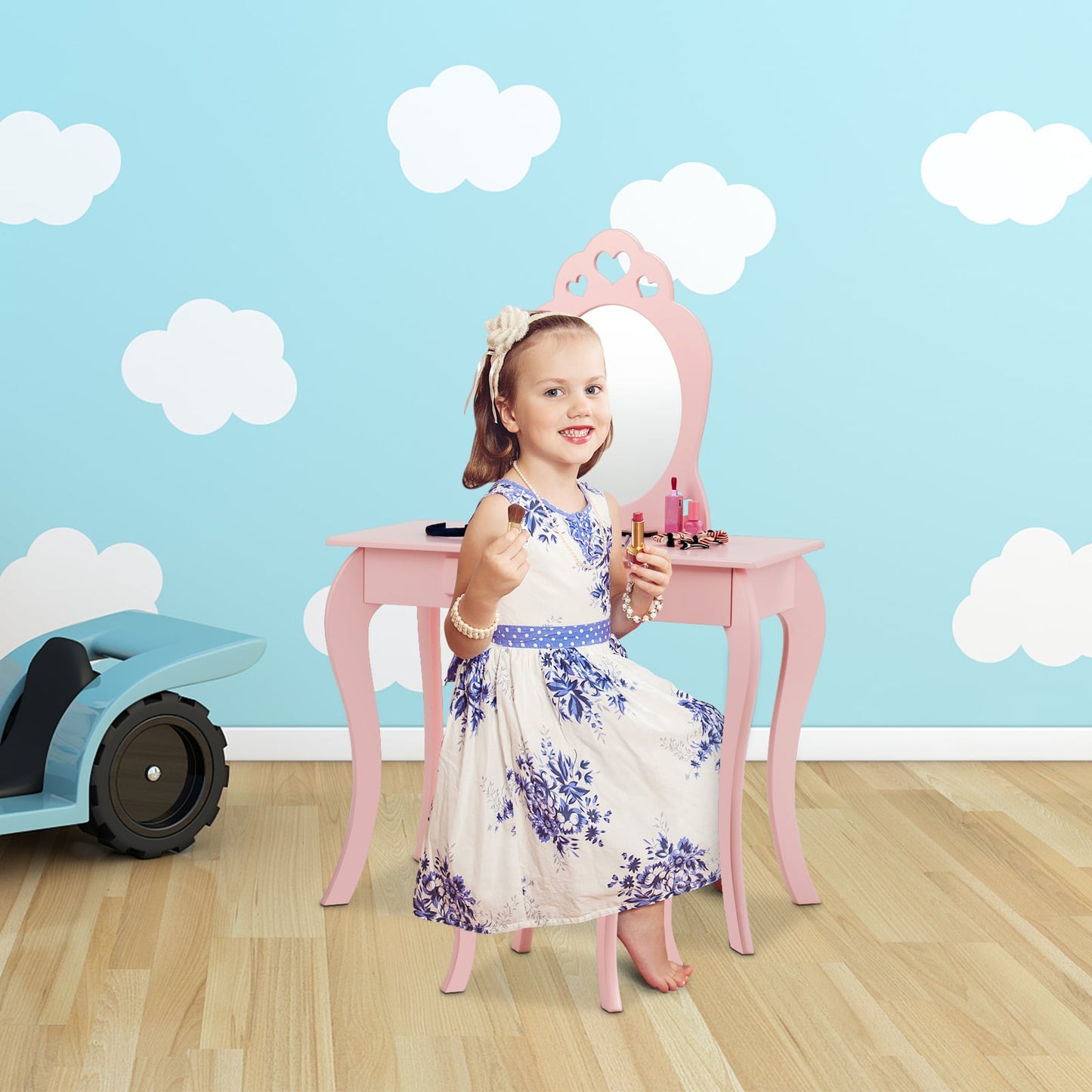 Kids Vanity Table and Stool with Removable Mirror and Drawer-Pink