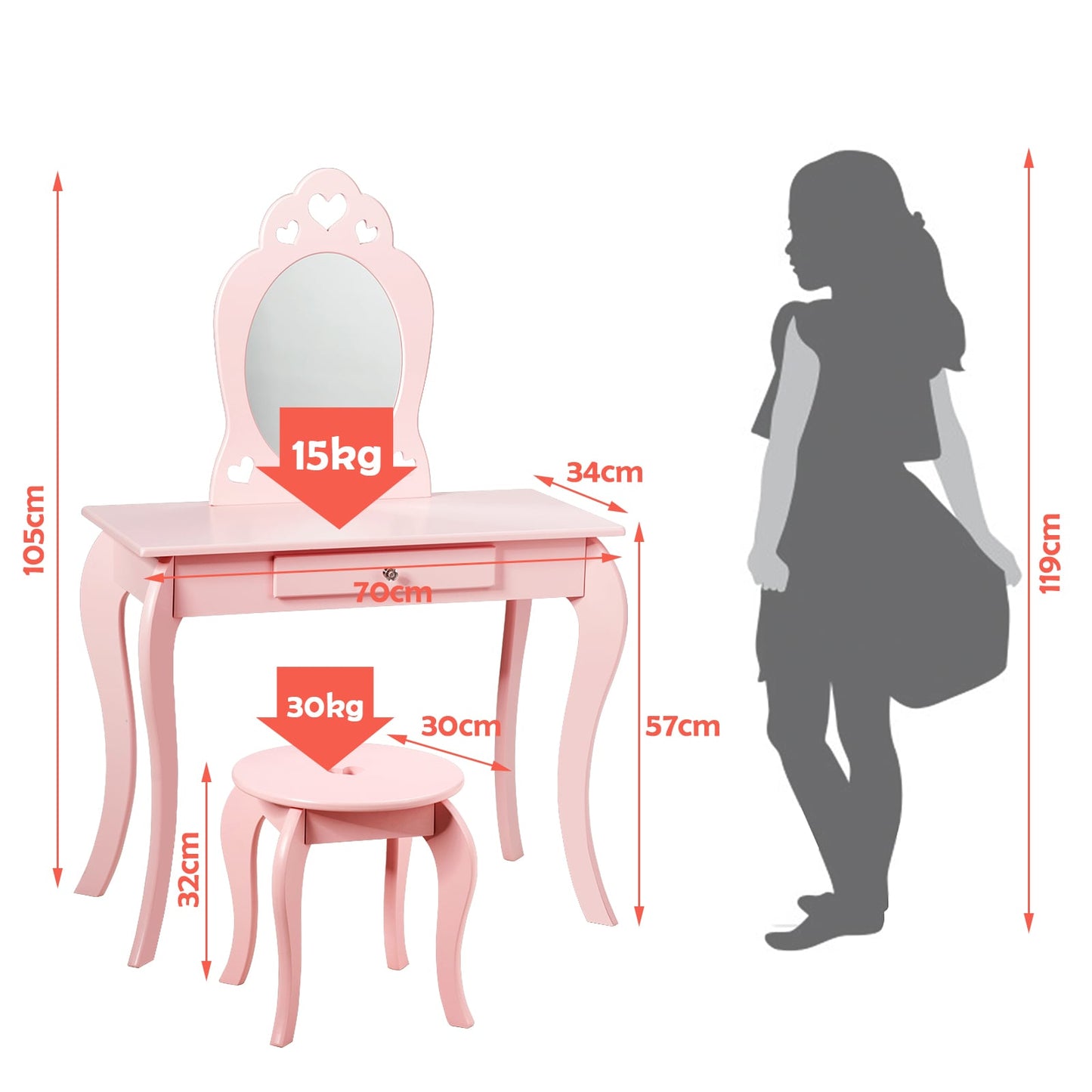 Kids Vanity Table and Stool with Removable Mirror and Drawer-Pink