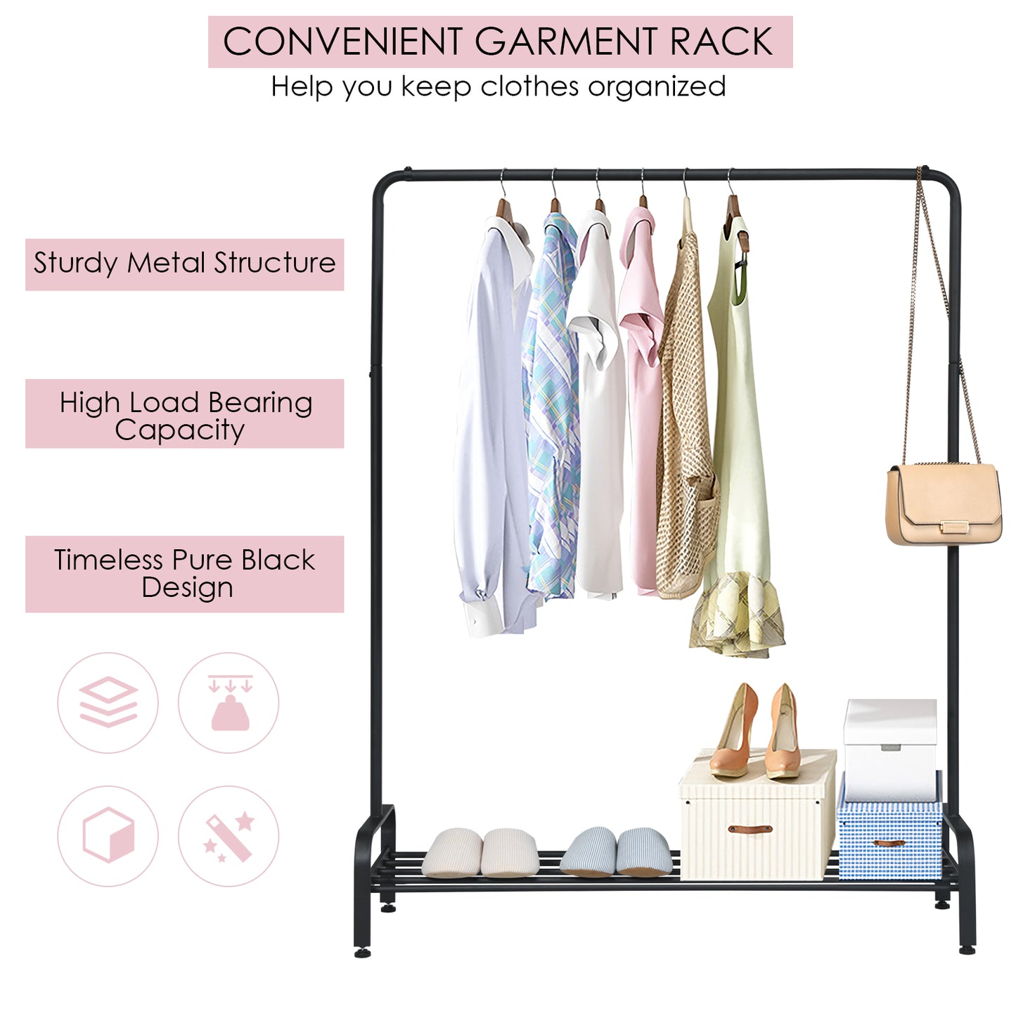 Metal Garment Rack with Hanging Rail and Bottom Shelf