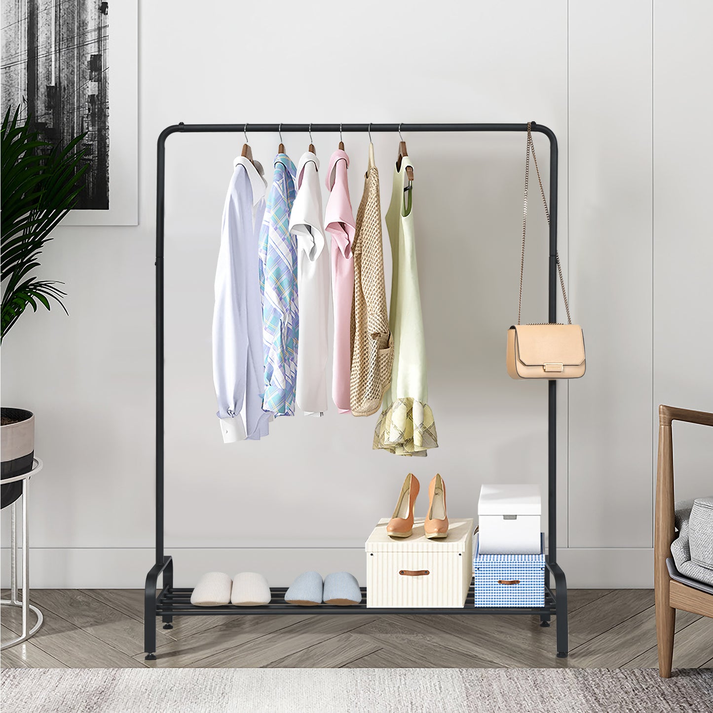 Metal Garment Rack with Hanging Rail and Bottom Shelf