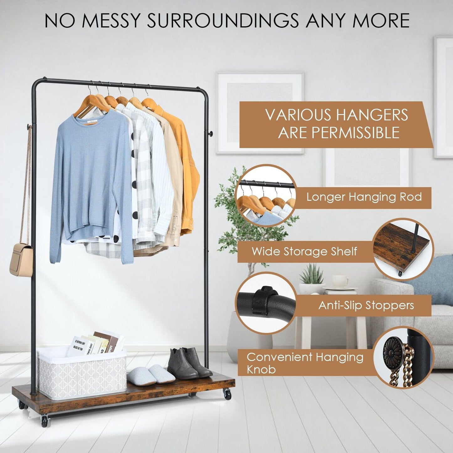 Clothes Rail Garment Rack with Wheels for Bedroom Hallway Shop