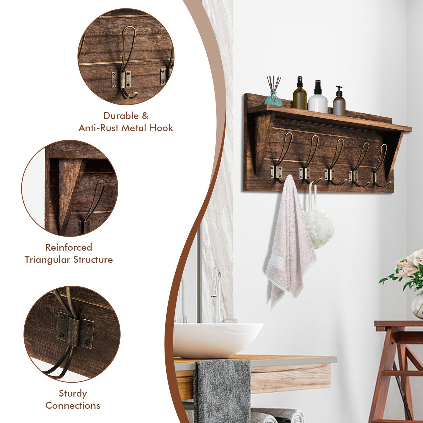 Wall-Mounted Coat Hooks with Shelf for Entryway-Brown