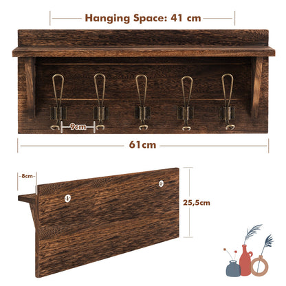 Wall-Mounted Coat Hooks with Shelf for Entryway-Brown